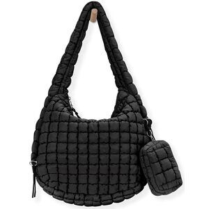 Quilted Puffer Tote Bag for Women Large Black Carryall